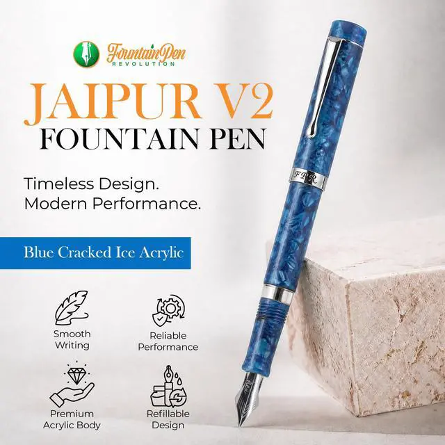 Alt view image 2 of 7 - FPR Jaipur V2 Blue Piston Fill Refillable Fountain Pen for Writers | Ultra Flex Nib, Cracked Ice Acrylic Body, Ebonite Feed, Twist-On Closure, 4 mm to 2 mm Line Variation