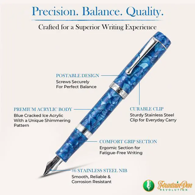 Alt view image 3 of 7 - FPR Jaipur V2 Blue Piston Fill Refillable Fountain Pen for Writers | Ultra Flex Nib, Cracked Ice Acrylic Body, Ebonite Feed, Twist-On Closure, 4 mm to 2 mm Line Variation