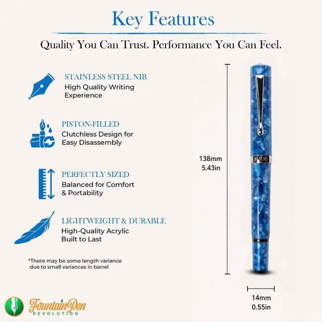 Alt view image 4 of 7 - FPR Jaipur V2 Blue Piston Fill Refillable Fountain Pen for Writers | Ultra Flex Nib, Cracked Ice Acrylic Body, Ebonite Feed, Twist-On Closure, 4 mm to 2 mm Line Variation