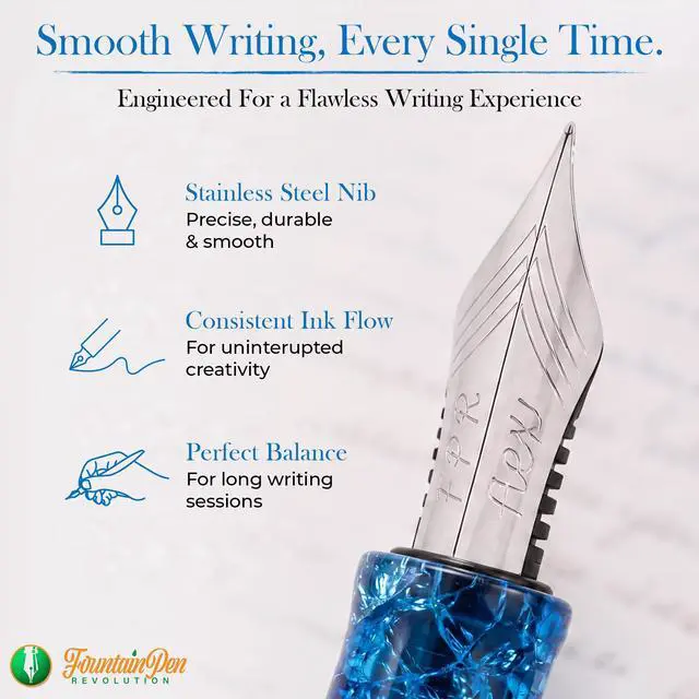 Alt view image 7 of 7 - FPR Jaipur V2 Blue Piston Fill Refillable Fountain Pen for Writers | Ultra Flex Nib, Cracked Ice Acrylic Body, Ebonite Feed, Twist-On Closure, 4 mm to 2 mm Line Variation
