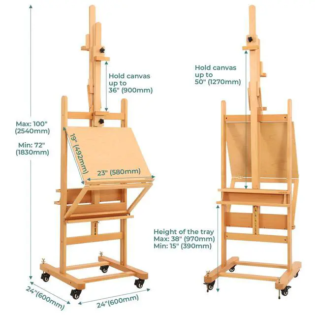 Alt view image 2 of 7 - Double-Sided Easel & Drafting Table, Hold 1 or 2 Canvas, Solid Beech Wood Artist Easel for Painting Canvas, Adjustable H Frame Easel with Tray & Wheels, Art Easel Stand for Adults, Artists