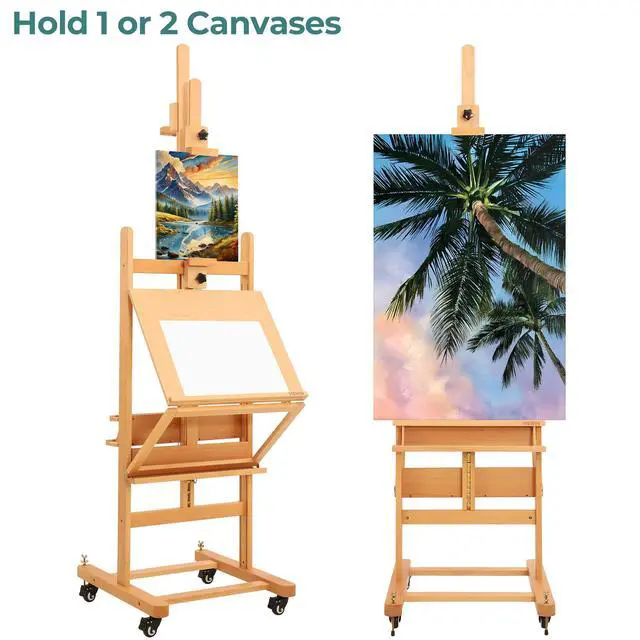 Alt view image 3 of 7 - Double-Sided Easel & Drafting Table, Hold 1 or 2 Canvas, Solid Beech Wood Artist Easel for Painting Canvas, Adjustable H Frame Easel with Tray & Wheels, Art Easel Stand for Adults, Artists