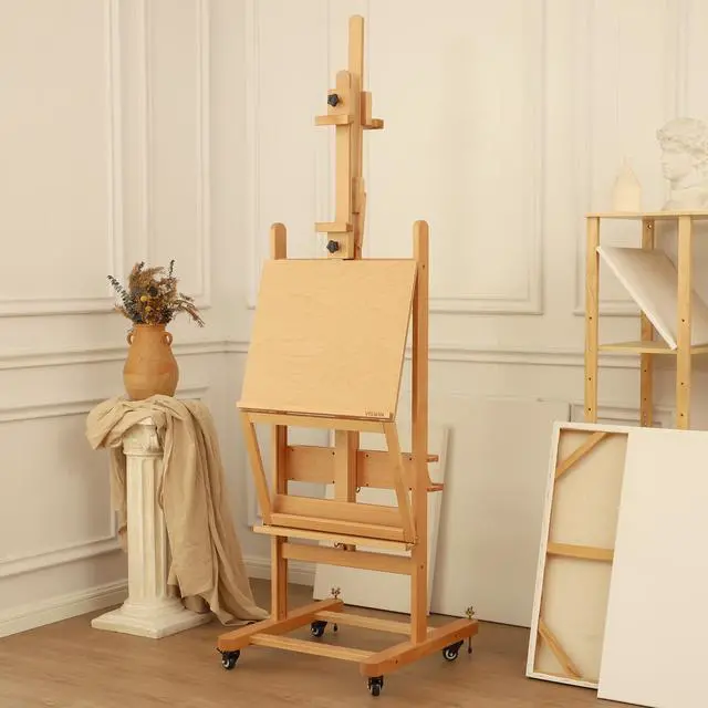 Alt view image 5 of 7 - Double-Sided Easel & Drafting Table, Hold 1 or 2 Canvas, Solid Beech Wood Artist Easel for Painting Canvas, Adjustable H Frame Easel with Tray & Wheels, Art Easel Stand for Adults, Artists