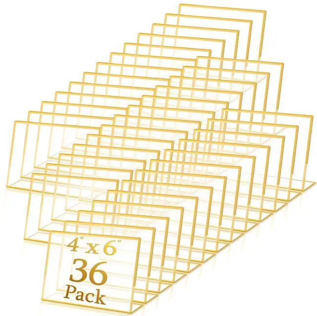 Main image of 36 Pack Acrylic Sign Holder Gold Frame Table Numbers Slanted Back Menu Display Stand Clear Flyer Document Photo Display Holders Plastic Table Signs for Wedding Office(Horizontal Style,4 x 6 Inch)