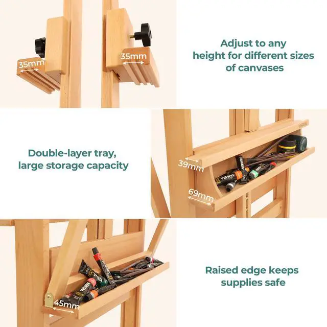 Alt view image 7 of 7 - Double-Sided Easel & Drafting Table, Hold 1 or 2 Canvas, Solid Beech Wood Artist Easel for Painting Canvas, Adjustable H Frame Easel with Tray & Wheels, Art Easel Stand for Adults, Artists