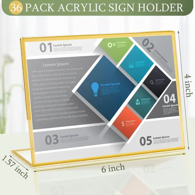 Alt view image 2 of 7 - 36 Pack Acrylic Sign Holder Gold Frame Table Numbers Slanted Back Menu Display Stand Clear Flyer Document Photo Display Holders Plastic Table Signs for Wedding Office(Horizontal Style,4 x 6 Inch)