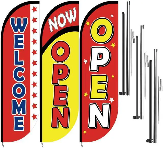 Main image of 3 Sets 7 Feet Tall Feather Flag Banner Set Now Open and Welcome Flag for Business Advertising, Includes Banner Business Flags, Aluminum Fiberglass Pole Sets and Ground Spikes