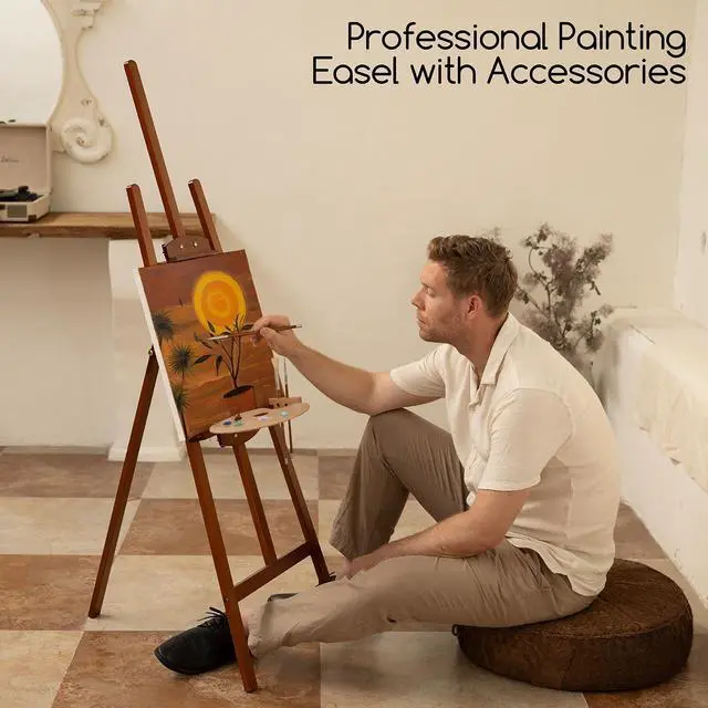 Alt view image 6 of 7 - Easel Stand for Painting: A Frame Wooden Display Easel Stand for Canvas up to 59", Adjustable Lyre Beech Wood Artist Easel with Brush Holder, Washer for Painting, Display, Wedding Sign, Walnut