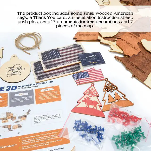 Alt view image 3 of 7 - 3D Wooden USA Map, Wall Art, Wood United States Map with Push Pins, Christmas Decoration, US Maps for Travel Gifts for Men, Office Wall Decor, Dad Gifts, Home Decor Living Room (Size M Prime: 40"x25")