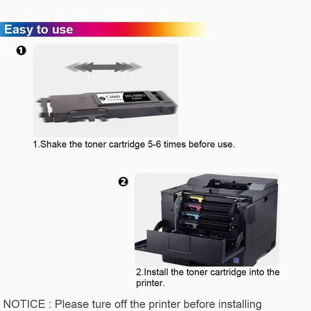 Alt view image 4 of 7 - C2660 Toner Cartridge Compatible for Dell C2660 C2660dn C2665dnf, 4 Pack | Replacement for Dell C2660dn C2660dnf Printer Ink 593-BBBU 593-BBBT 593-BBBS 593-BBBR