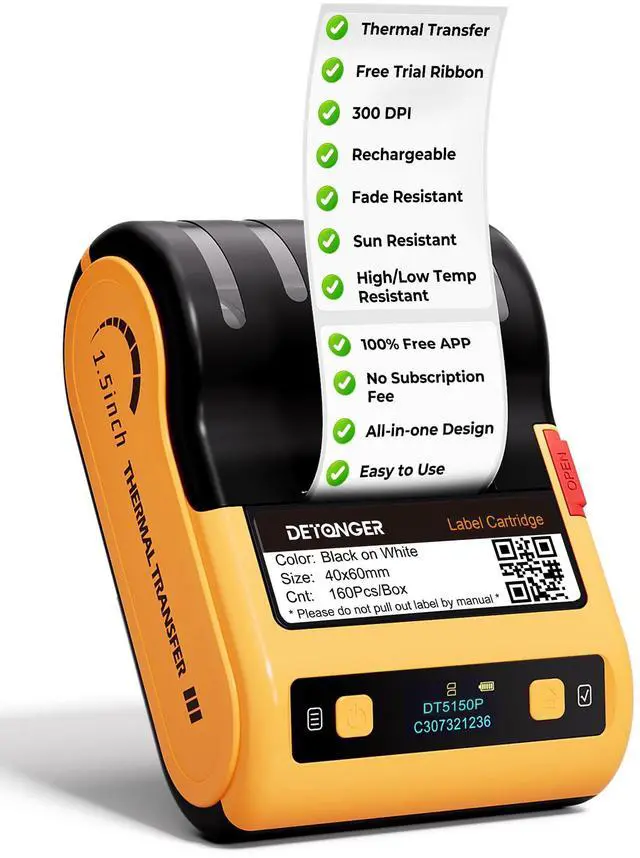 Main image of DT5150P 300DPI Industrial Thermal Transfer Label Printer, Rechargeable Colorfast Label Maker, Fade/Sun/High-Low Temp Resistant, for Outdoor & Job Sites, Mobile APP & PC Editor Compatible