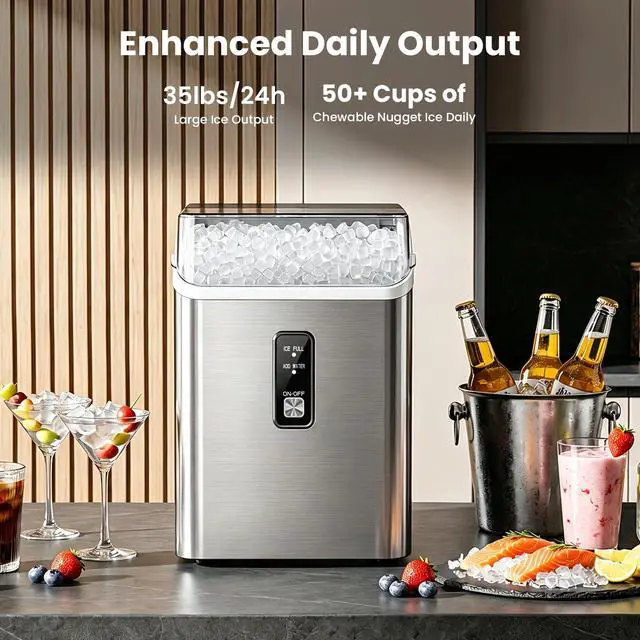 Alt view image 2 of 7 - Nugget Ice Maker Countertop, Chewable Pellet Ice Machine with Self-Cleaning, 35Lbs/24H, Portable Sonic Ice Machine with Ice Scoop & Basket, Self-Cleaning for Home Kitchen Office RV Camping, Steel