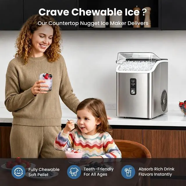 Alt view image 3 of 7 - Nugget Ice Maker Countertop, Chewable Pellet Ice Machine with Self-Cleaning, 35Lbs/24H, Portable Sonic Ice Machine with Ice Scoop & Basket, Self-Cleaning for Home Kitchen Office RV Camping, Steel