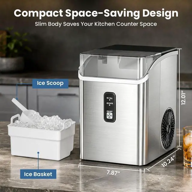 Alt view image 6 of 7 - Nugget Ice Maker Countertop, Chewable Pellet Ice Machine with Self-Cleaning, 35Lbs/24H, Portable Sonic Ice Machine with Ice Scoop & Basket, Self-Cleaning for Home Kitchen Office RV Camping, Steel