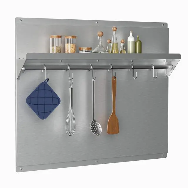 Main image of Stainless Steel Backsplash with Shelf 24 x 30 inch | Range Wall Protector, Stainless Steel Wall Shield, with Built-in Storage Shelf and Hanging Rack