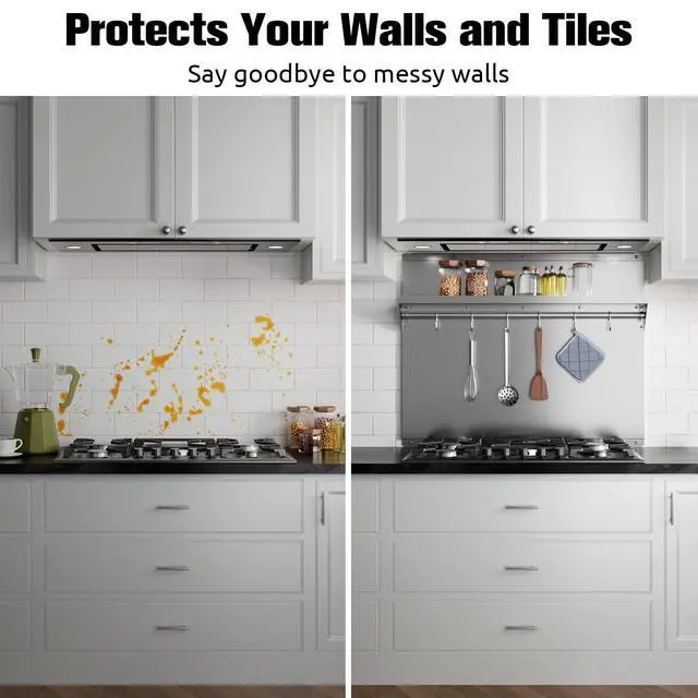 Alt view image 3 of 7 - Stainless Steel Backsplash with Shelf 24 x 30 inch | Range Wall Protector, Stainless Steel Wall Shield, with Built-in Storage Shelf and Hanging Rack