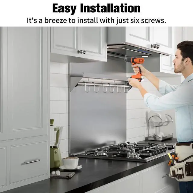 Alt view image 5 of 7 - Stainless Steel Backsplash with Shelf 24 x 30 inch | Range Wall Protector, Stainless Steel Wall Shield, with Built-in Storage Shelf and Hanging Rack