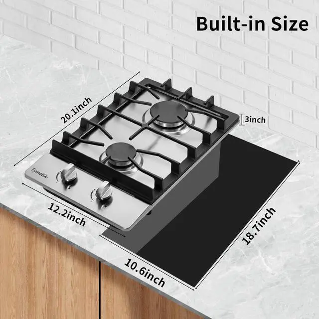 Alt view image 3 of 7 - 12 Inch Gas Cooktop, 2 Burners Stovetop Built-in Stainless Steel Stove Top Natural Gas/Propane Convertible Cooker for Outdoor, Apartments, RVs