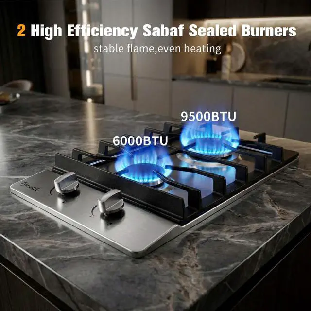 Alt view image 4 of 7 - 12 Inch Gas Cooktop, 2 Burners Stovetop Built-in Stainless Steel Stove Top Natural Gas/Propane Convertible Cooker for Outdoor, Apartments, RVs