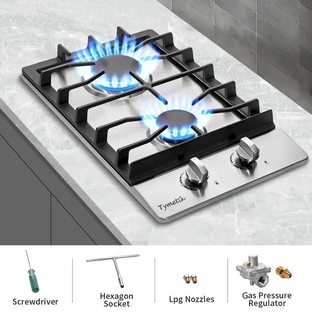 Alt view image 5 of 7 - 12 Inch Gas Cooktop, 2 Burners Stovetop Built-in Stainless Steel Stove Top Natural Gas/Propane Convertible Cooker for Outdoor, Apartments, RVs