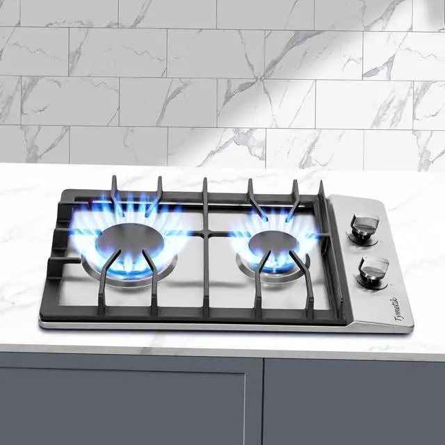 Alt view image 7 of 7 - 12 Inch Gas Cooktop, 2 Burners Stovetop Built-in Stainless Steel Stove Top Natural Gas/Propane Convertible Cooker for Outdoor, Apartments, RVs