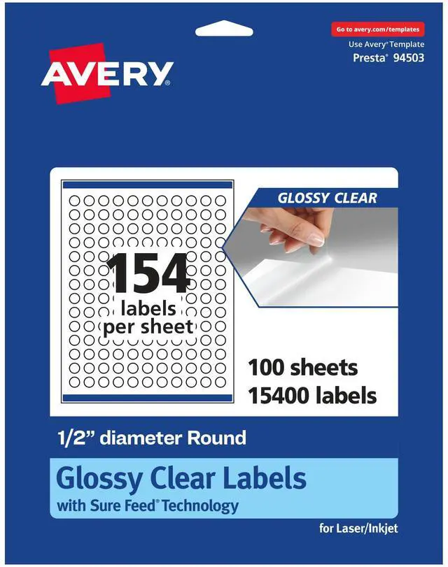 Main image of ® Glossy Clear Round Labels, Sure Feed® Technology, 0.5" Diameter, 15,400 Glossy Clear Labels, Print-to-The-Edge, Laser/Inkjet Printable