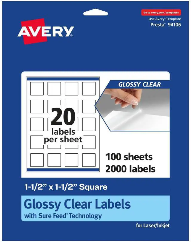 Main image of ® Glossy Clear Square Labels, Sure Feed® Technology, 1.5" x 1.5", 2,000 Glossy Clear Labels, Print-to-The-Edge, Laser/Inkjet Printable