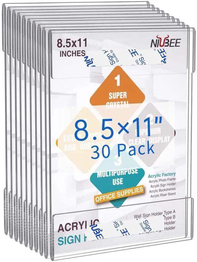 Main image of 8.5x11 inch Wall Mount Acrylic Sign Holder with Double Sided Adhesive Tape for Office, Home, Store, Restaurant-No Drilling (30 Pack) clear
