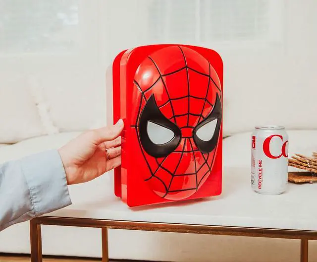 Alt view image 5 of 7 - Marvel Comics Spider-Man 4-Liter Mini Fridge Thermoelectric Cooler With Light-Up Eyes | Holds 6 Cans | Small Refrigerator Drink Cooler for Soda, Beer, Skincare