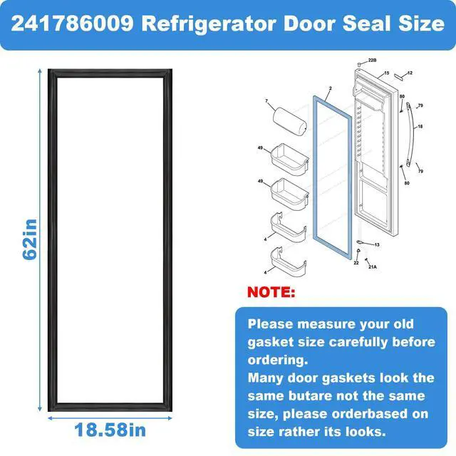 Alt view image 4 of 7 - Upgraded 241786009 241786013 Refrigerator Door Gasket, Compatible With Frigidaire/Electrolux/Kenmore/Crosley Side By Side Freezer Door Seal,Replaces 241569805 5304439531 7241786001-62"x 18.58" Black