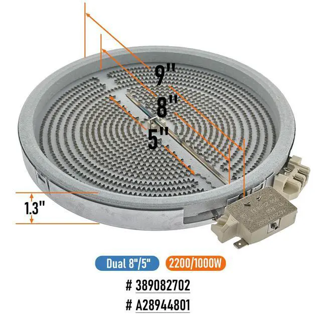 Alt view image 2 of 6 - 389082702 Range Cooktop 8"/5" Dual Radiant Surface Element Burner 2200/1000W 9 inch, Compatible with Frigidaire Kenmore GE, Replaces 316049703, 316049705, 316049707, 318178001, WB30X24134