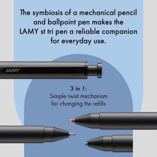 Alt view image 3 of 5 - st black tri pen Multifunctional pen slim stainless steel mechanical pencil & ballpoint pen in one includes M 21 ballpoint refill in blue and red & M 41 fine-line refill (0.5 mm)