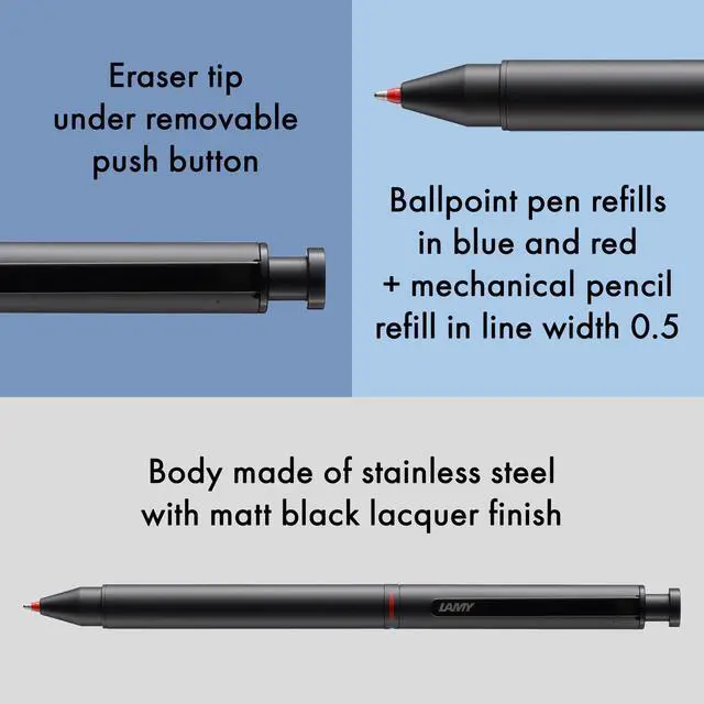 Alt view image 2 of 5 - st black tri pen Multifunctional pen slim stainless steel mechanical pencil & ballpoint pen in one includes M 21 ballpoint refill in blue and red & M 41 fine-line refill (0.5 mm)