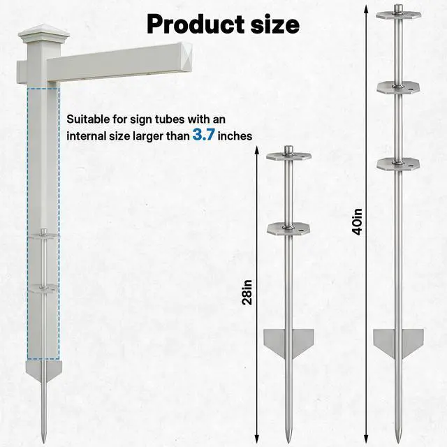 Alt view image 2 of 7 - 2 Pack 28in Heavy Duty Metal Yard Sign Stakes for Real Estate Sign Posts, Mailboxes, Long Yard Sign Holder Easy Installation Sign Post Stake for Pipes Less Than 3.7", Silver