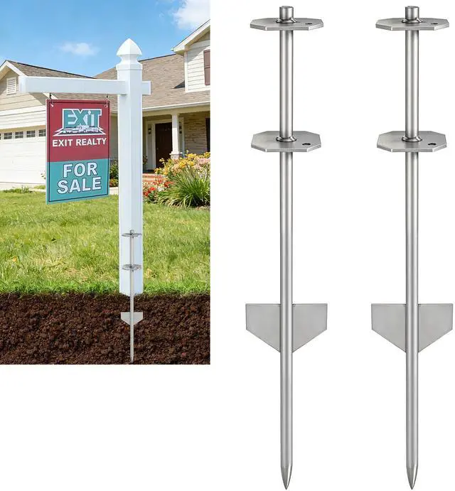 Main image of 2 Pack 28in Heavy Duty Metal Yard Sign Stakes for Real Estate Sign Posts, Mailboxes, Long Yard Sign Holder Easy Installation Sign Post Stake for Pipes Less Than 3.7", Silver