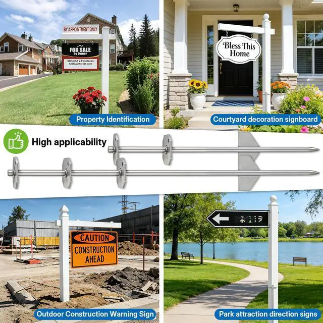 Alt view image 7 of 7 - 2 Pack 28in Heavy Duty Metal Yard Sign Stakes for Real Estate Sign Posts, Mailboxes, Long Yard Sign Holder Easy Installation Sign Post Stake for Pipes Less Than 3.7", Silver