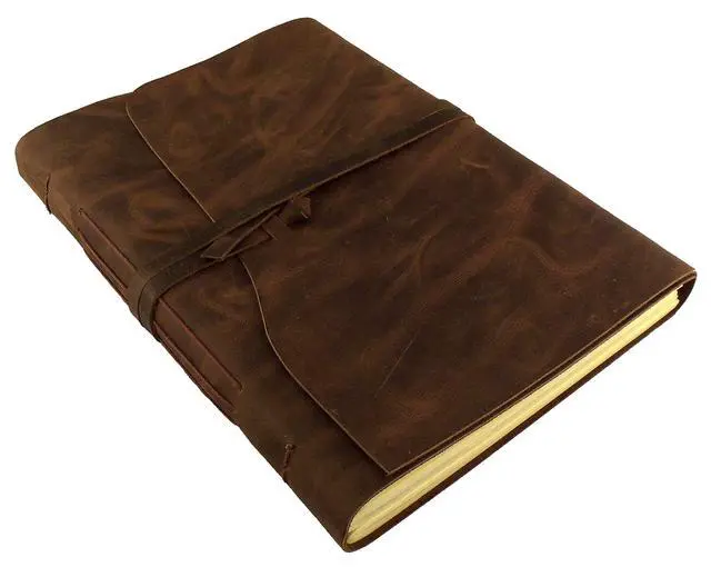 Alt view image 4 of 7 - Large Genuine Leather Journal and Sketchbook with Gift Box - 380 Pages - 9 x 12" - Rustic Vintage Style