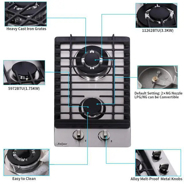 Alt view image 3 of 7 - 12 Inch Gas Cooktop, 2 Burners Built-in Gas Stovetop Stainless Steel Gas Stove Top LPG/NG Convertible Dual Fuel Sealed Gas Hob