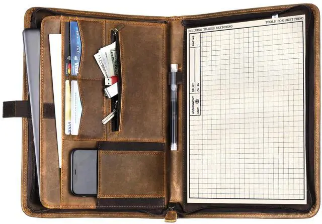 Main image of Genuine Leather Portfolio, Professional Padfolio Binder Organizer with Zipper, Stylish Brown Cowhide Padfolio for Men Women, Leather Folio Folder for Business, Legal A4/Pad Holder Compatible