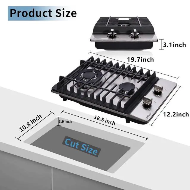 Alt view image 5 of 7 - 12 Inch Gas Cooktop, 2 Burners Built-in Gas Stovetop Stainless Steel Gas Stove Top LPG/NG Convertible Dual Fuel Sealed Gas Hob