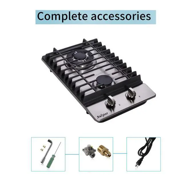 Alt view image 7 of 7 - 12 Inch Gas Cooktop, 2 Burners Built-in Gas Stovetop Stainless Steel Gas Stove Top LPG/NG Convertible Dual Fuel Sealed Gas Hob