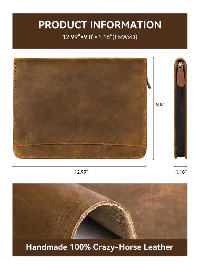 Alt view image 2 of 6 - Genuine Leather Portfolio, Professional Padfolio Binder Organizer with Zipper, Stylish Brown Cowhide Padfolio for Men Women, Leather Folio Folder for Business, Legal A4/Pad Holder Compatible