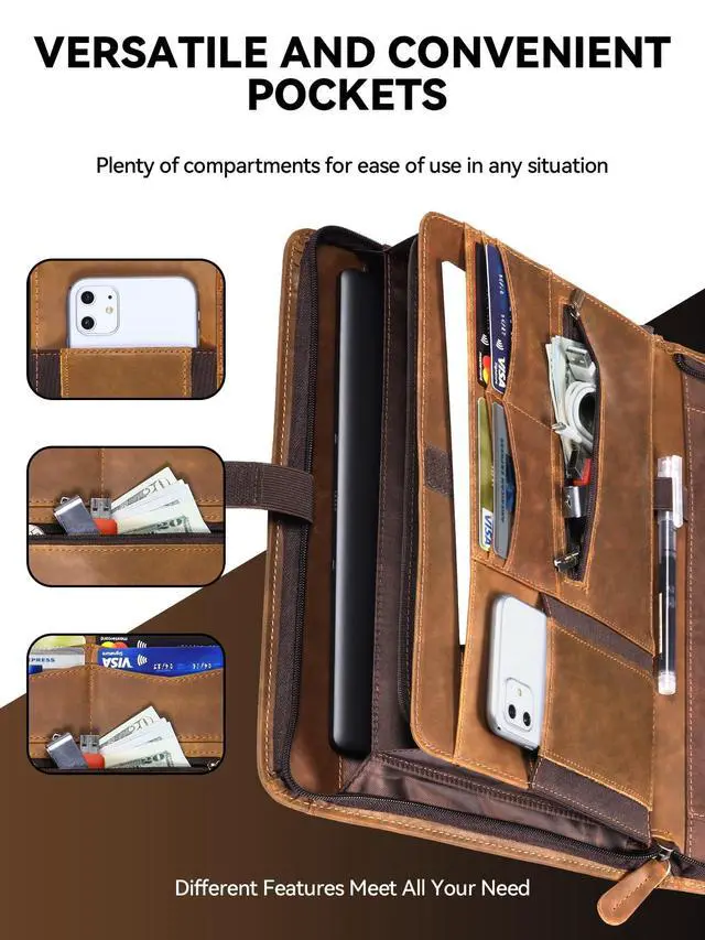 Alt view image 5 of 6 - Genuine Leather Portfolio, Professional Padfolio Binder Organizer with Zipper, Stylish Brown Cowhide Padfolio for Men Women, Leather Folio Folder for Business, Legal A4/Pad Holder Compatible