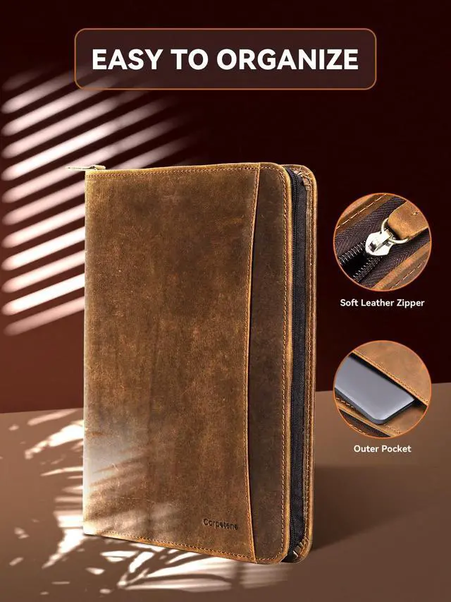 Alt view image 4 of 6 - Genuine Leather Portfolio, Professional Padfolio Binder Organizer with Zipper, Stylish Brown Cowhide Padfolio for Men Women, Leather Folio Folder for Business, Legal A4/Pad Holder Compatible