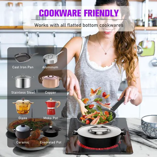 Alt view image 3 of 7 - Ceramic Glass Stove Top 12 Inch, Countertop & Built in Electric Stove Top 110V, 2000W 2 Burner Hot Plate Electric, Electric Cooktop 2 Burner with Timer, 9 Power Level