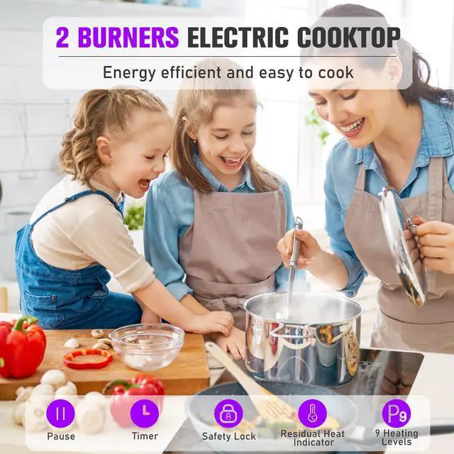 Alt view image 4 of 7 - Ceramic Glass Stove Top 12 Inch, Countertop & Built in Electric Stove Top 110V, 2000W 2 Burner Hot Plate Electric, Electric Cooktop 2 Burner with Timer, 9 Power Level