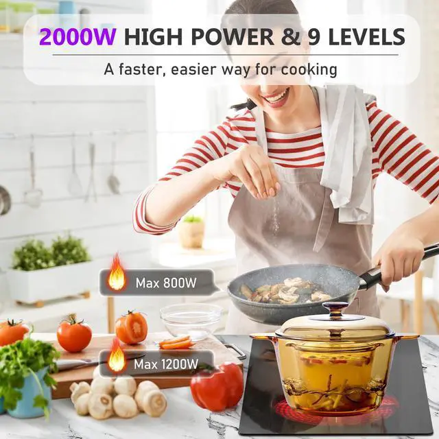 Alt view image 5 of 7 - Ceramic Glass Stove Top 12 Inch, Countertop & Built in Electric Stove Top 110V, 2000W 2 Burner Hot Plate Electric, Electric Cooktop 2 Burner with Timer, 9 Power Level