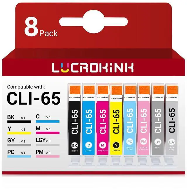 Main image of CLI 65 Ink Cartridges Combo Pack Replacement for CLI-65 Ink Cartridges for PIXMA PRO-200 Printer (8pack, 1BK 1GY 1LGY 1C 1PC 1M 1PM 1Y)