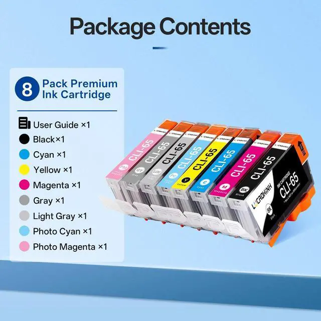Alt view image 4 of 7 - CLI 65 Ink Cartridges Combo Pack Replacement for CLI-65 Ink Cartridges for PIXMA PRO-200 Printer (8pack, 1BK 1GY 1LGY 1C 1PC 1M 1PM 1Y)