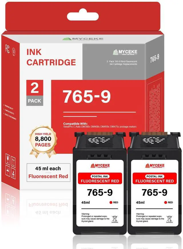 Main image of 2 Pack 765-9 Red Ink Cartridge: Fluorescent Red Postage Ink Cartridges | 765 9 Replacement for Pitney Bowes SendPro C Auto DM300c DM400c DM450c DM475c Postage Meters (45ml * 2)